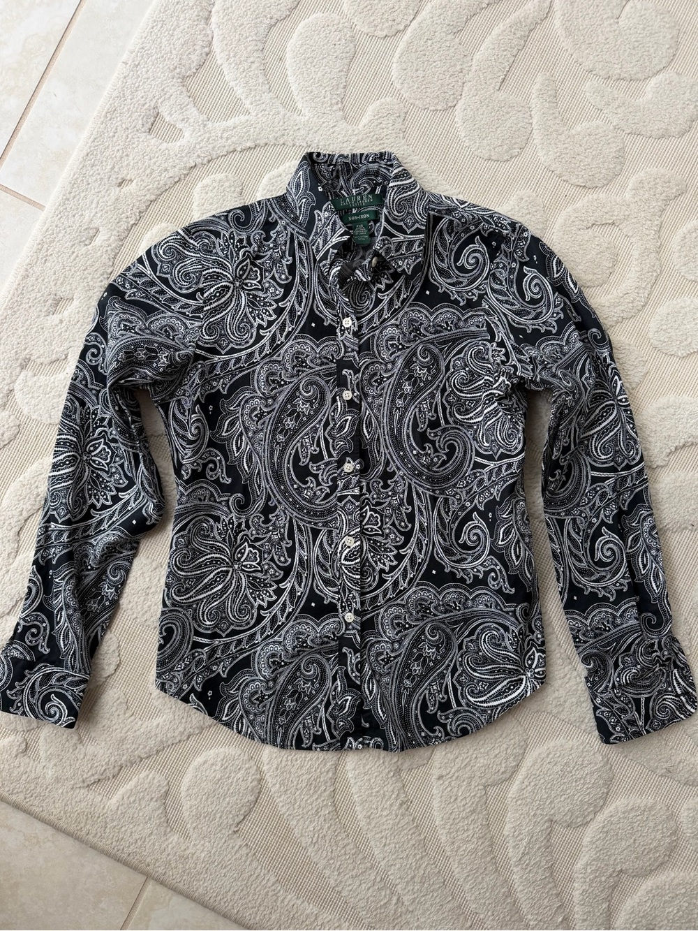 Lauren Ralph Lauren Petite Black White Paisley Button Down Shirt 100% Cotton PXS